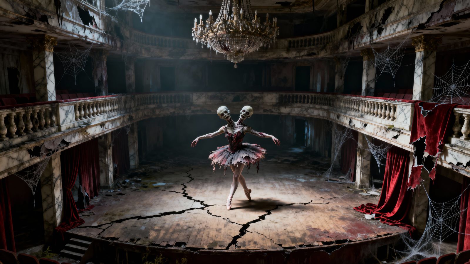 Zombie Ballerina Dances in Abandoned Theatre