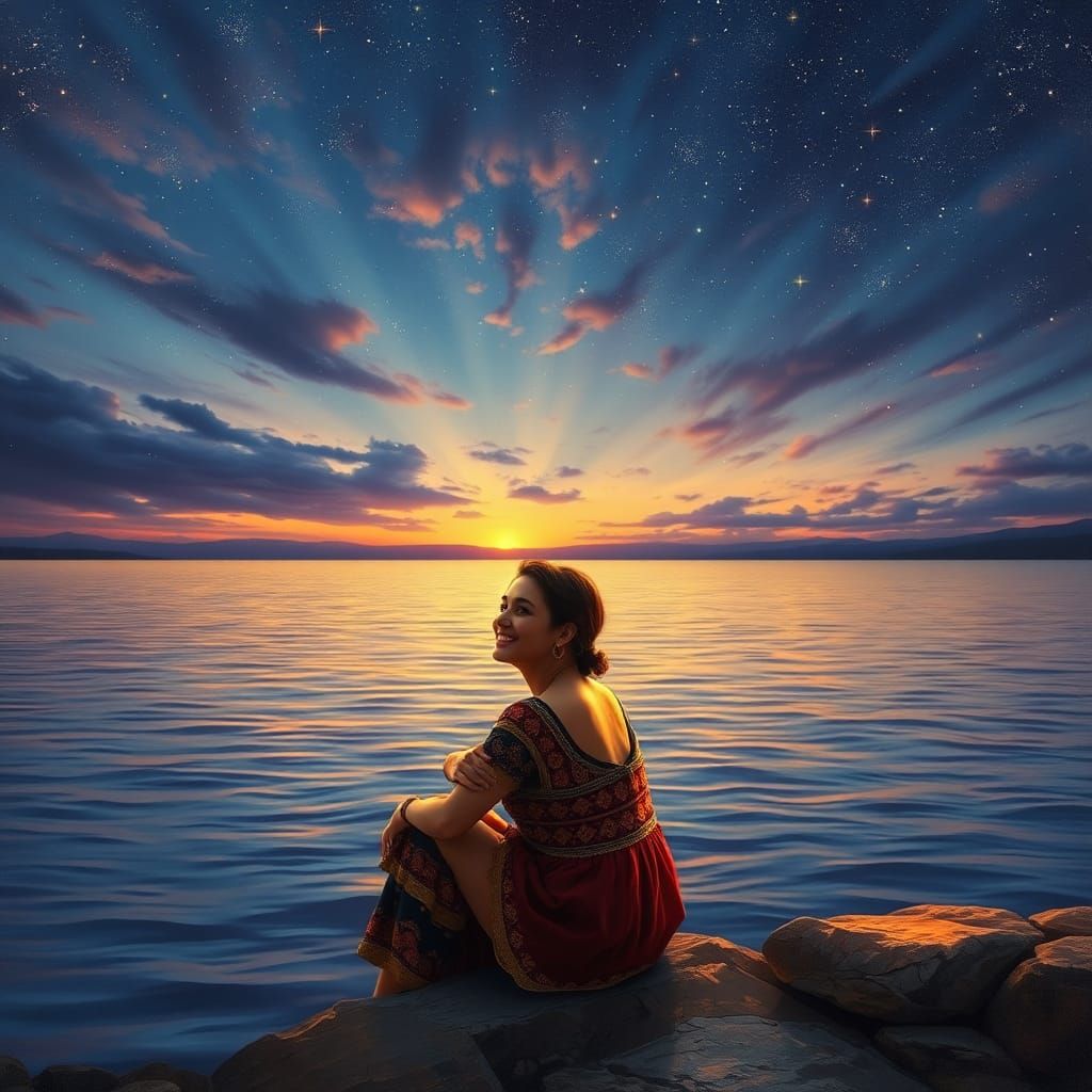 Roma Woman Gazing at Starry Lake, in Romantic Style