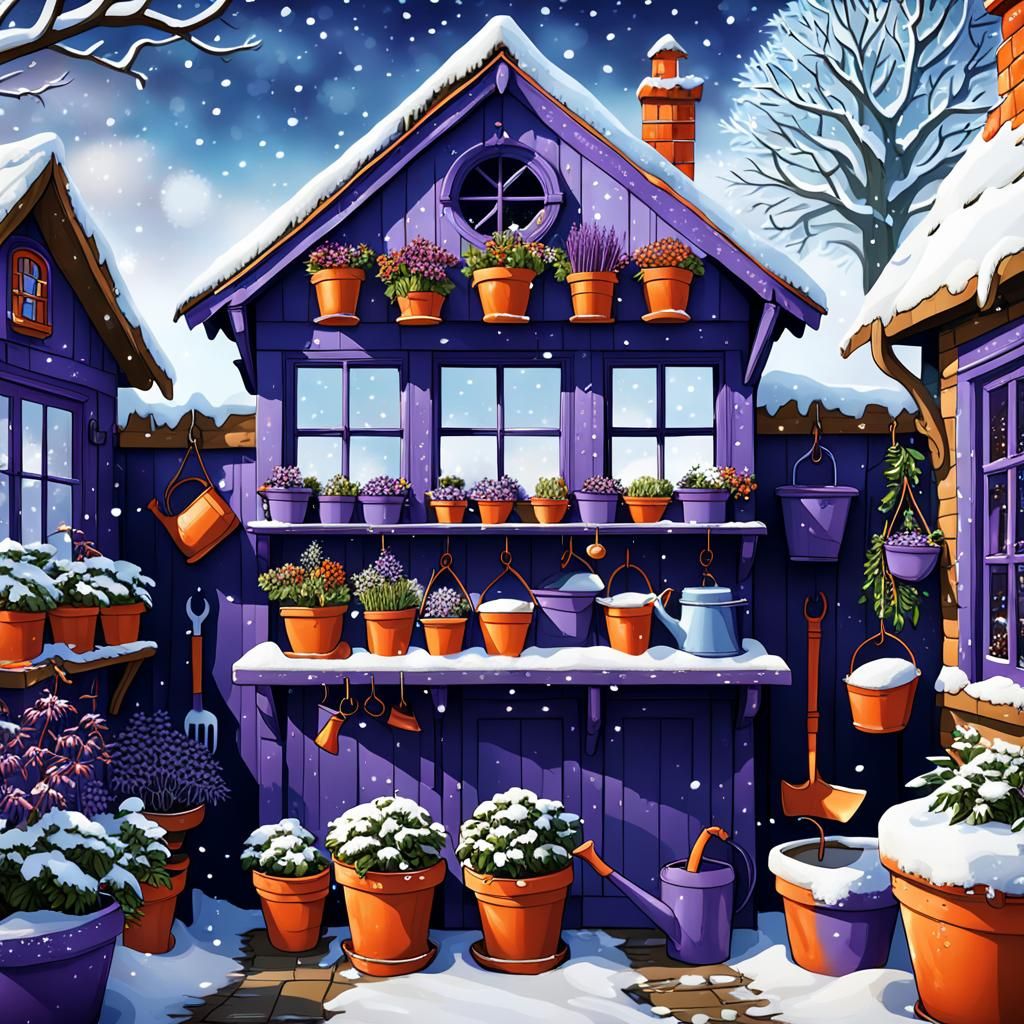 Ornate Winter Potting Shed with Colorful Details