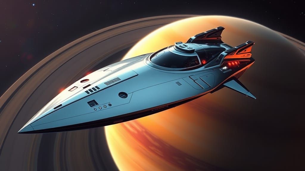 Retro Chrome Spaceship Flying Over Saturn Rings