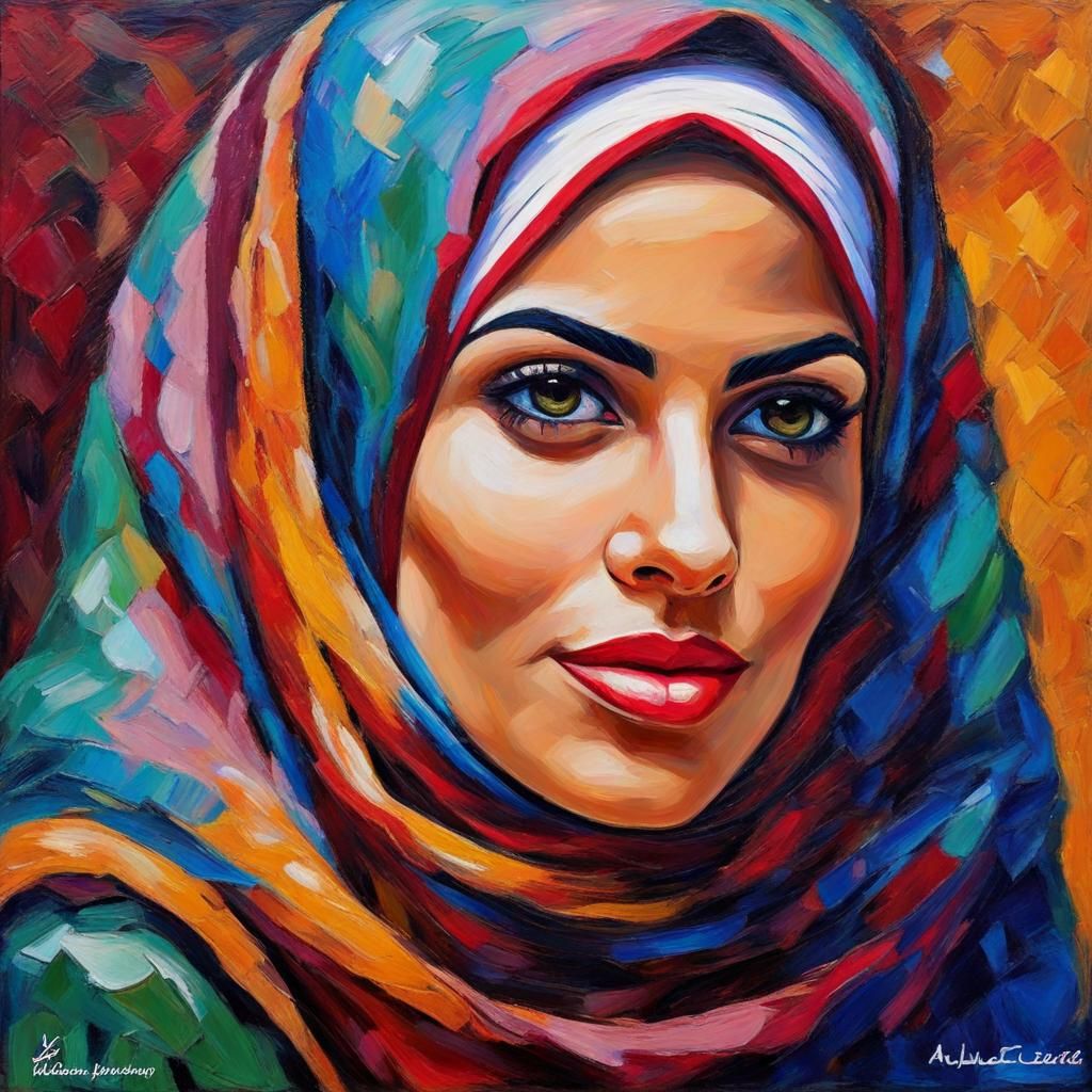 Beautiful Woman with Hijab in Neo-Impressionistic Style