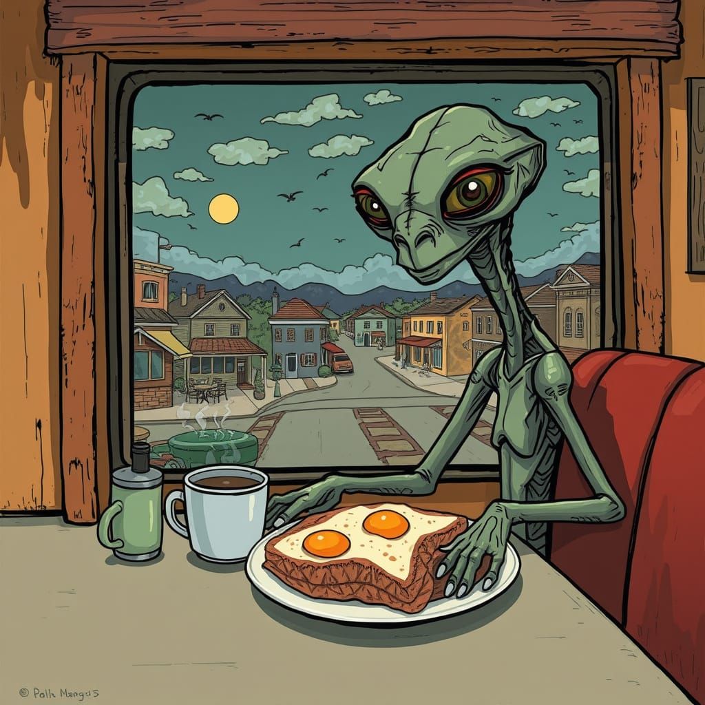 ET Alien in Diner, Gritty Cartoon Style