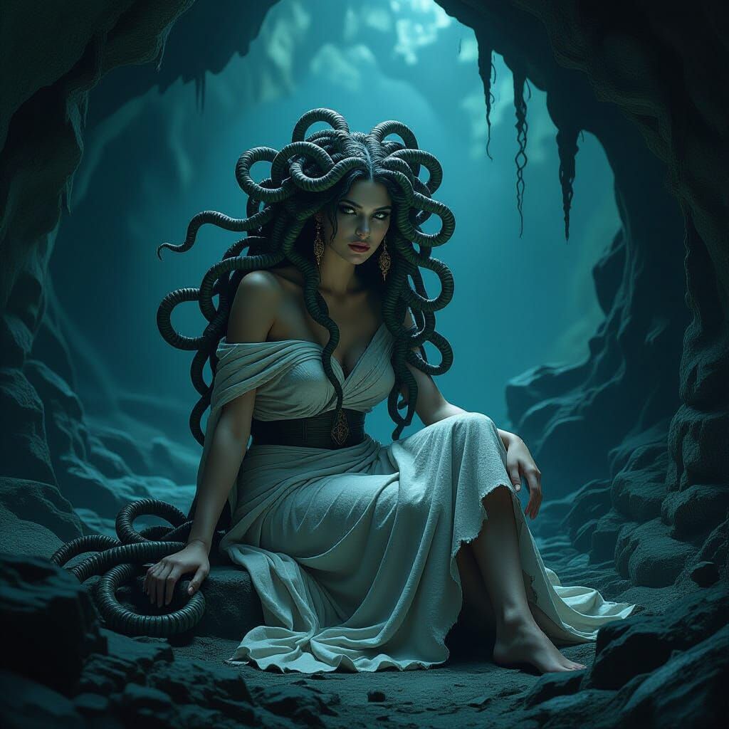 Medusa in Mystical Cave with Eerie Shadows