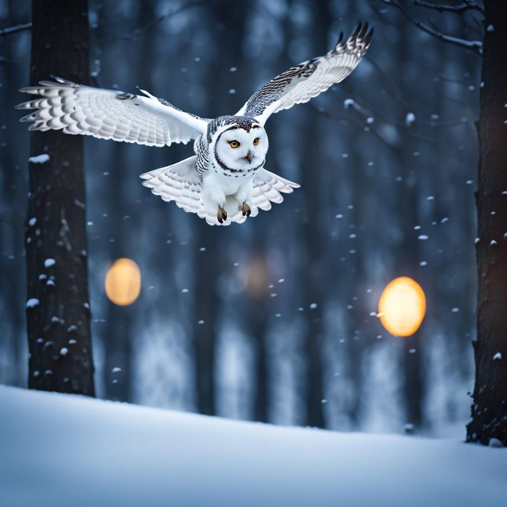 Snow Owl in Flight at Night: Professional Photography