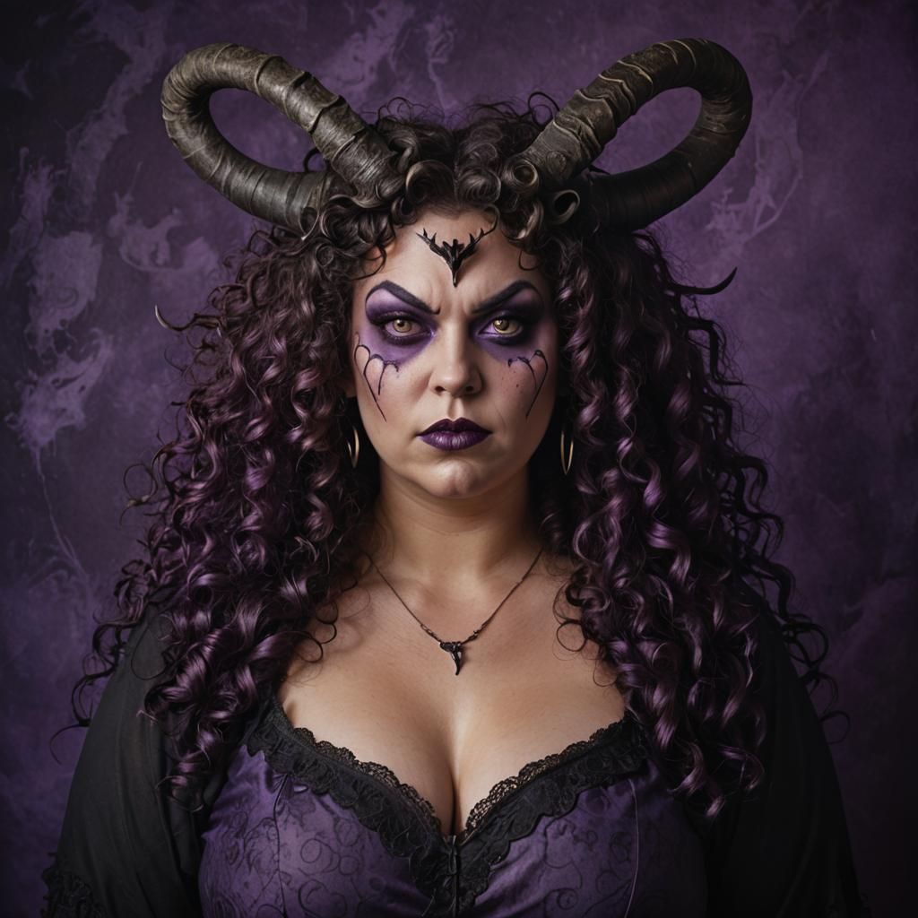 Demonic Beauty with Horns on Purple Background