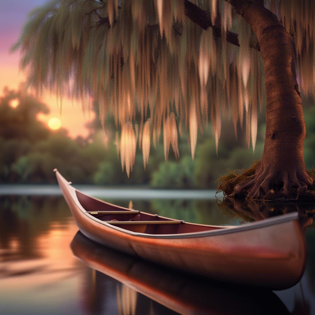 Bayou River Sunset with Canoe in Holographic Style