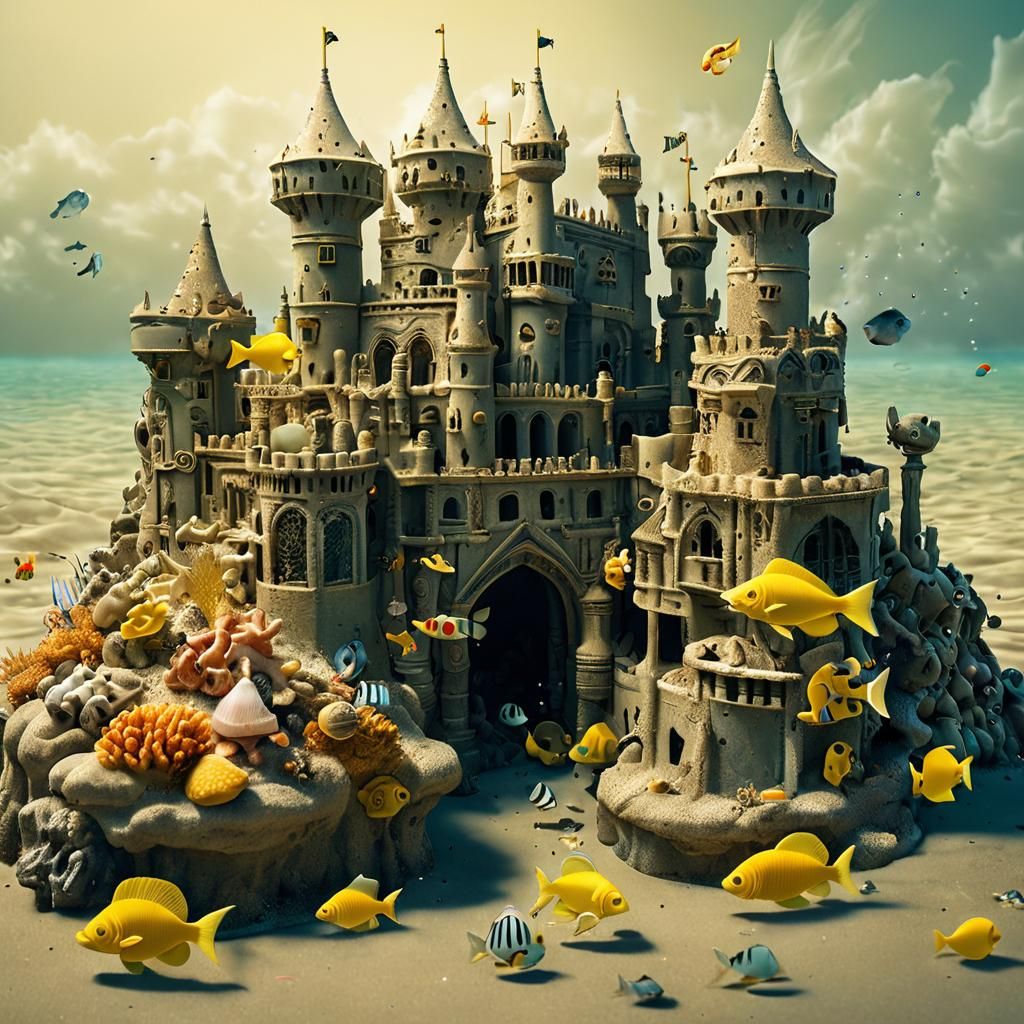 Underwater Sandcastle with Tropical Fish in Surreal Style