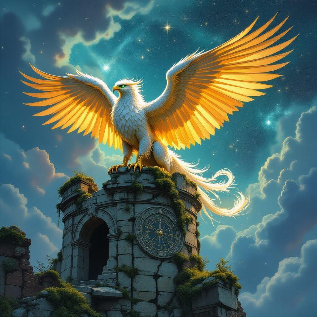 Griffin with Molten Gold Feathers on Ancient Observatory