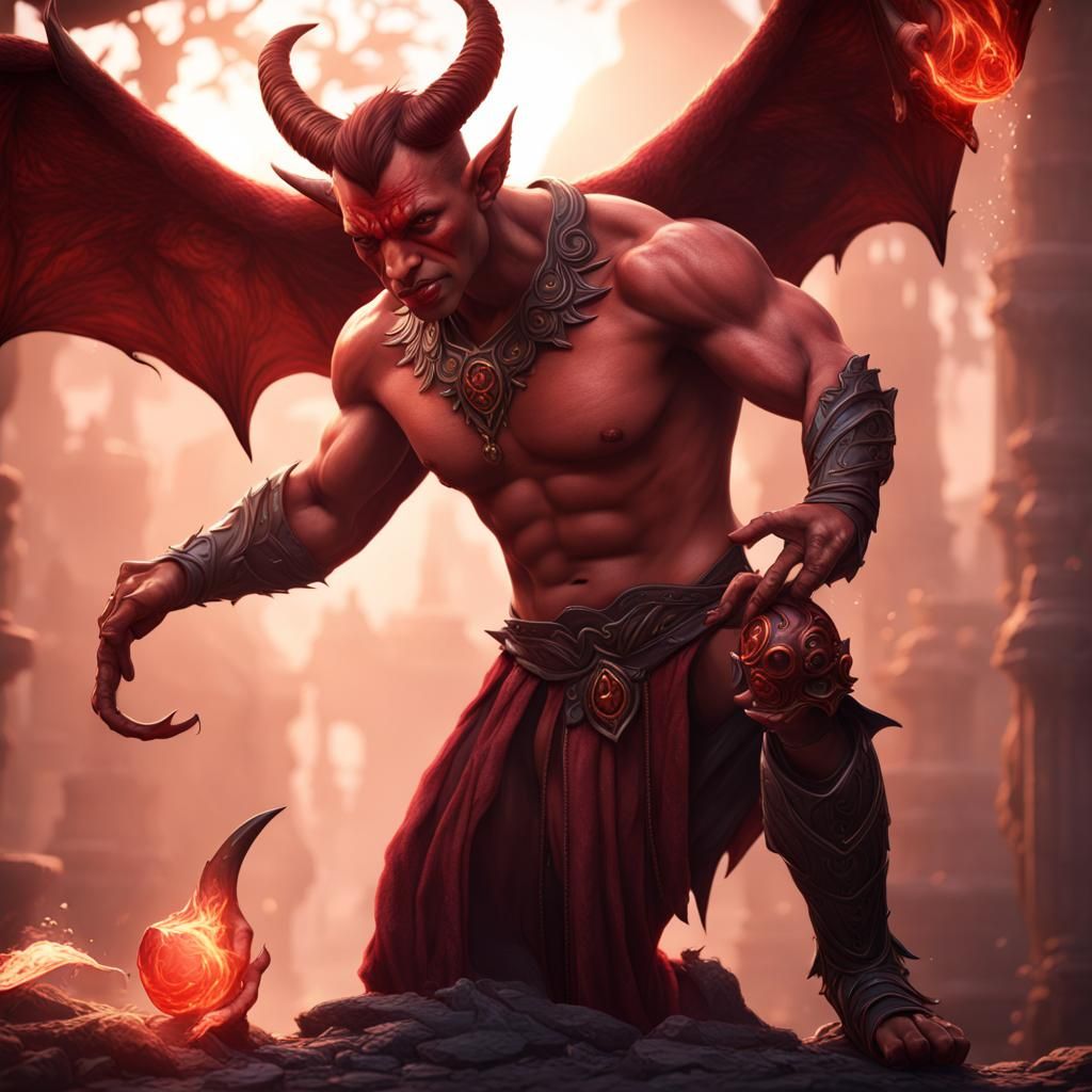 Handsome Red Devil Seduction Spell, Detailed Fantasy Art