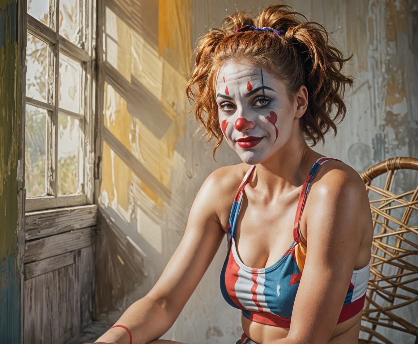 Attractive Female Clown Relaxes After the Show