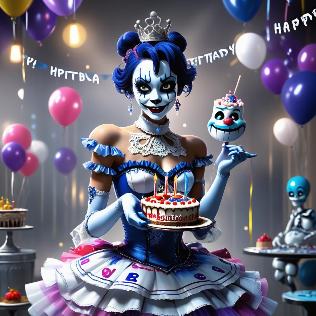 Human Ballerina Ballora Holds Birthday Cake, Digital Art
