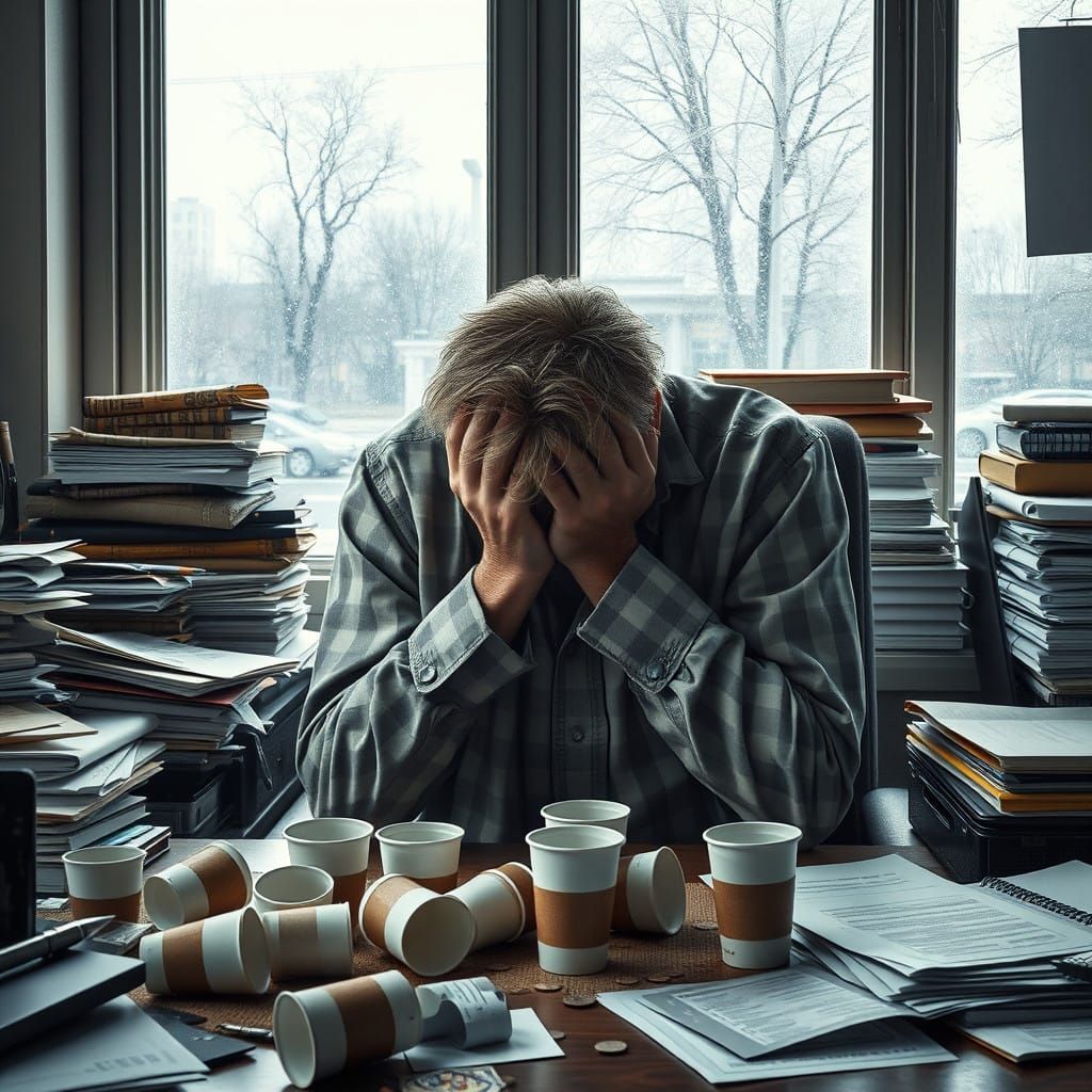 Despairing Office Worker on a Rainy January Day