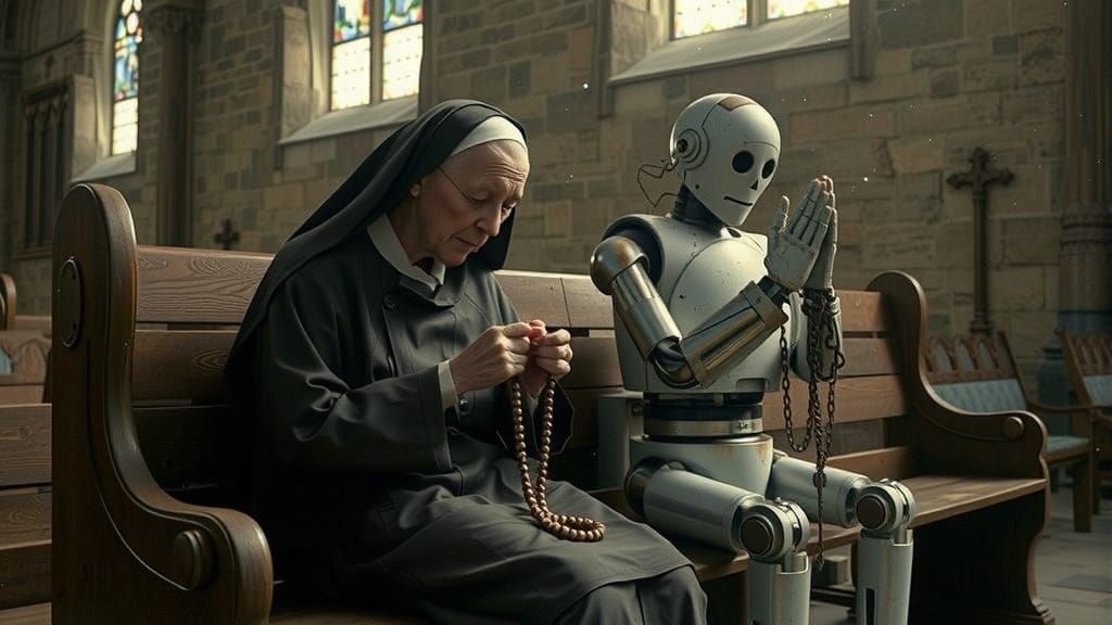 Nun and Robot Praying in Ancient Cathedral