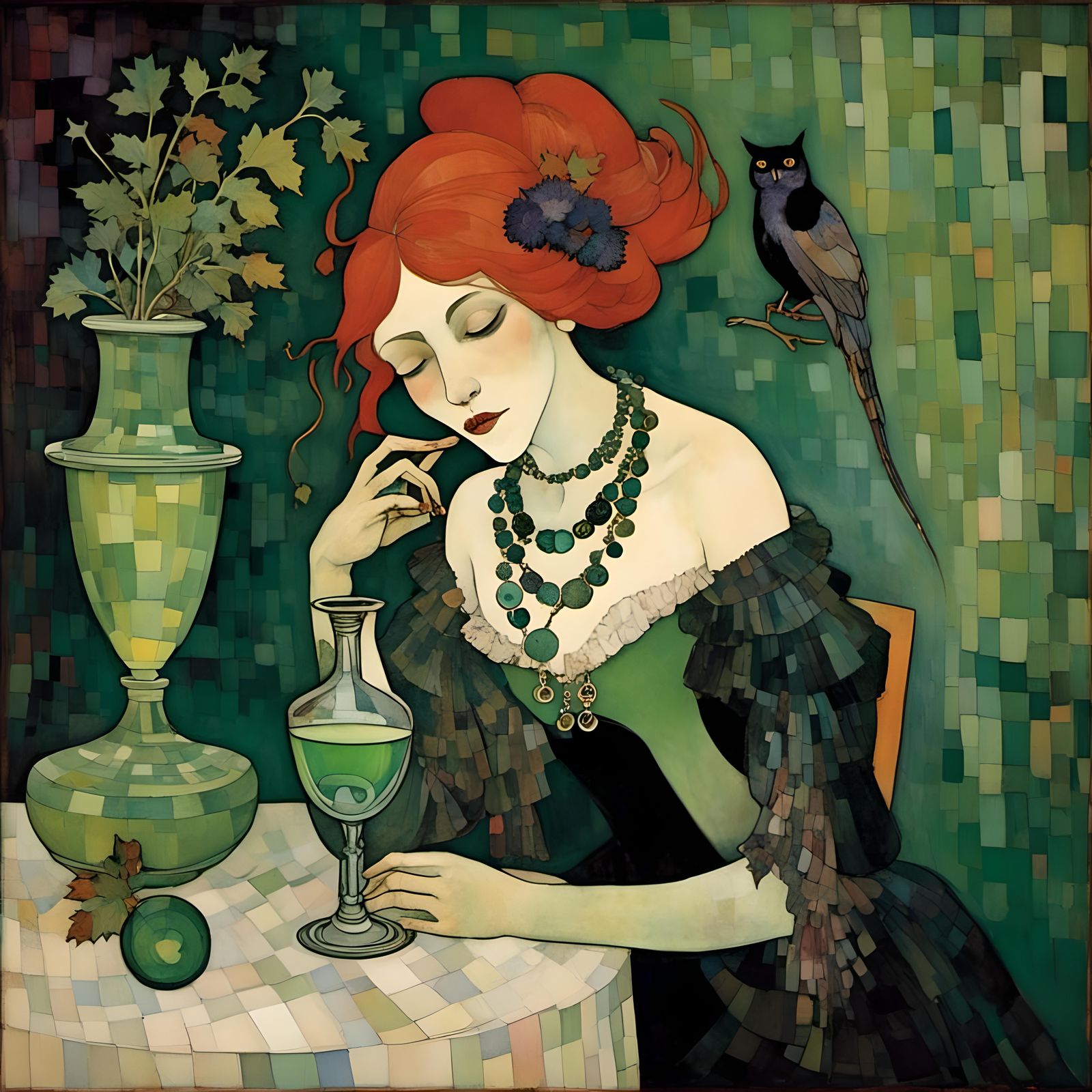 Gothic Vampire with Absinthe in Dark Setting