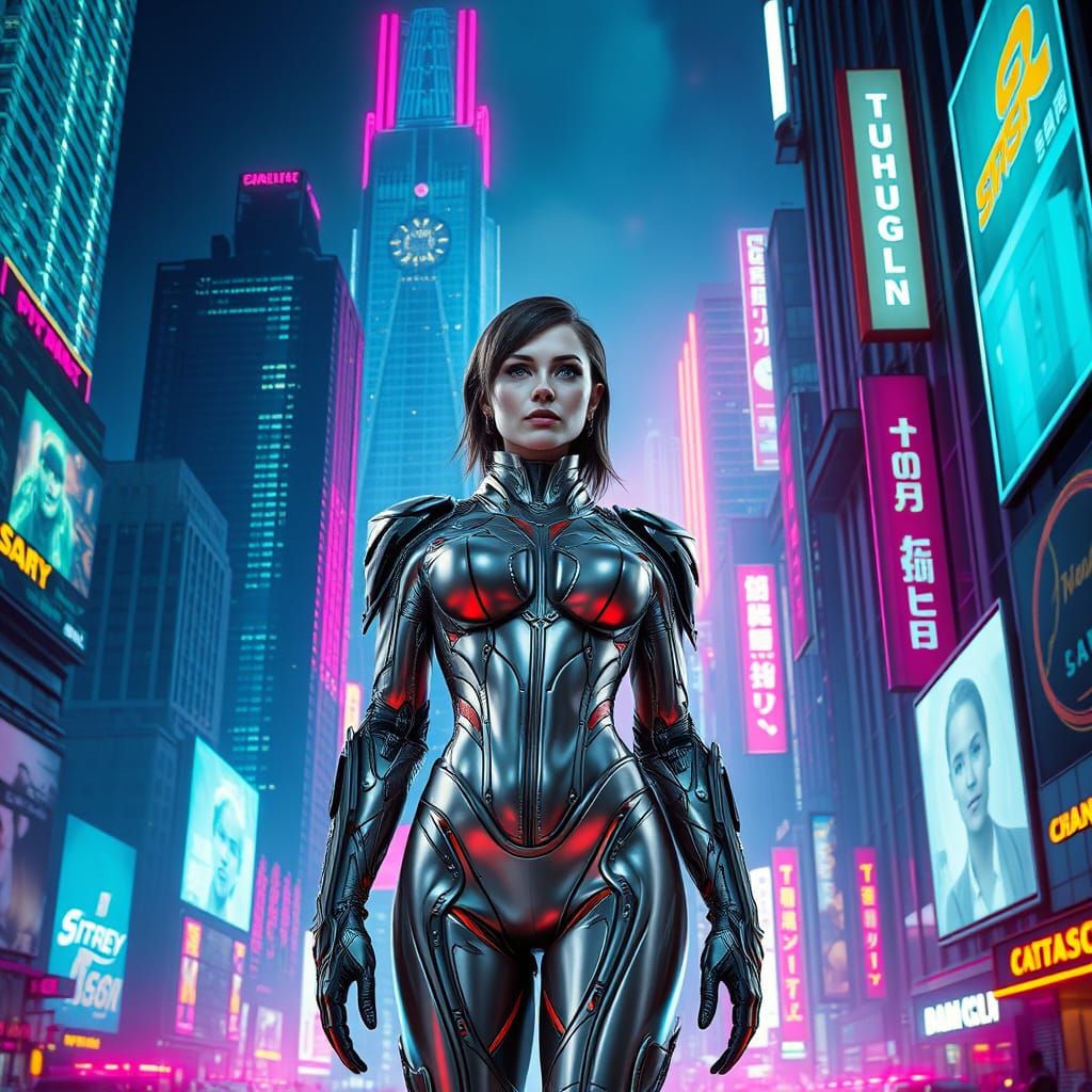 Futuristic Woman in Cyberpunk Cityscape