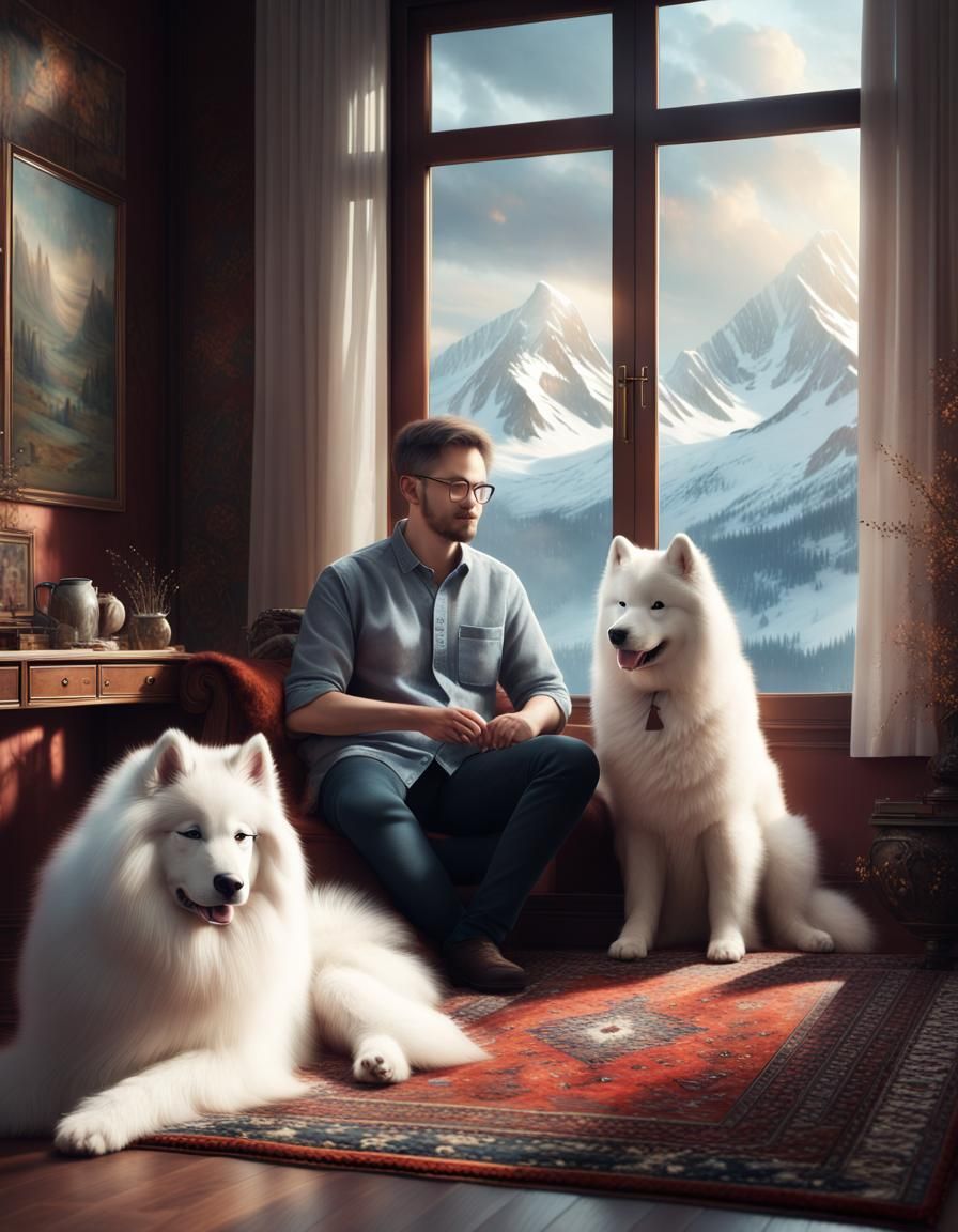 Man and Samoyed Dog Gazing Out Window