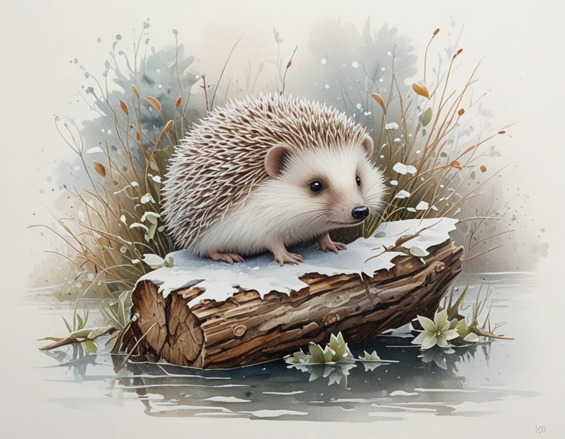 Pastel Hedgehog in Frosty Forest Scene