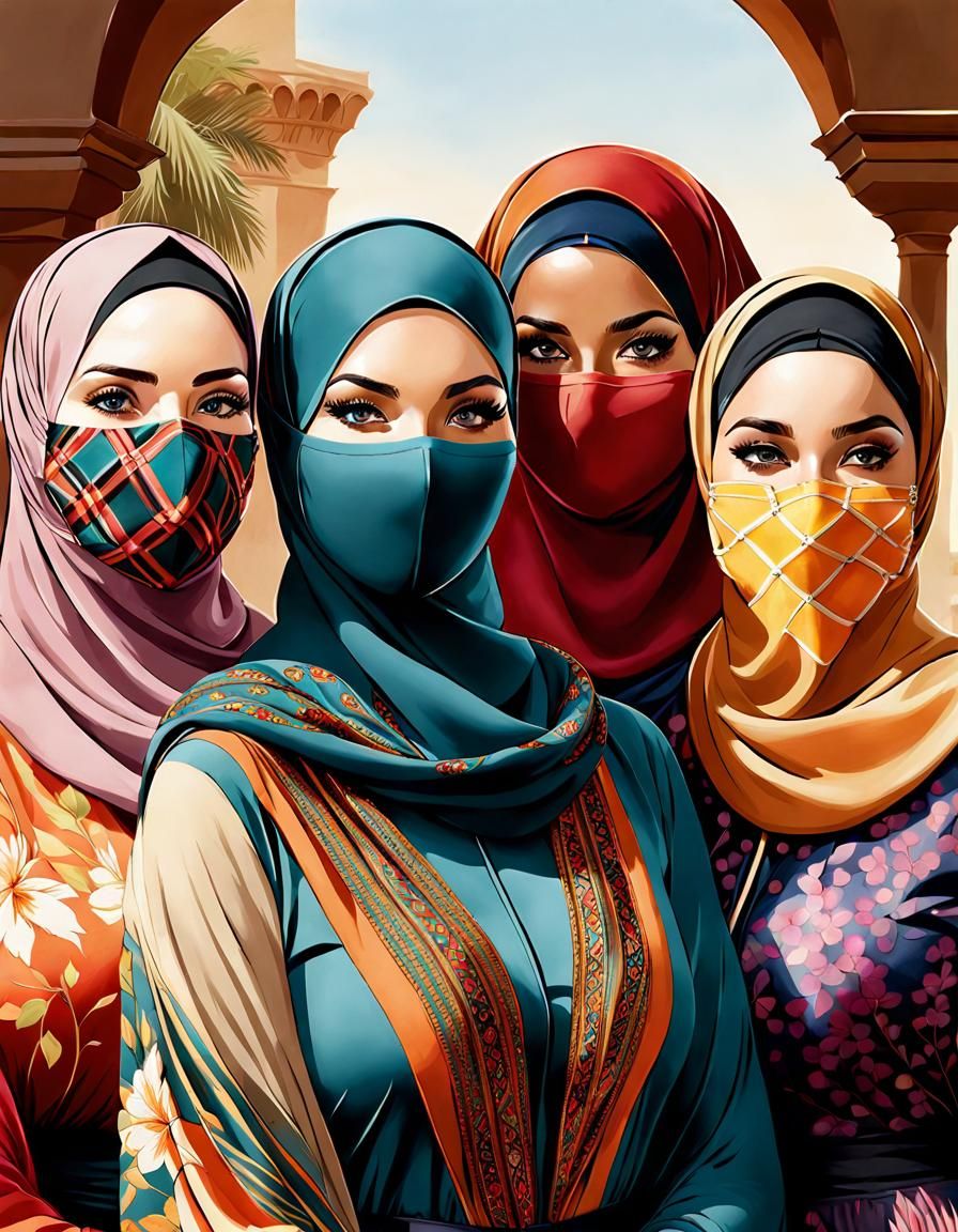 Vibrant Watercolor Portrait of Three Hijab-Wearing Women