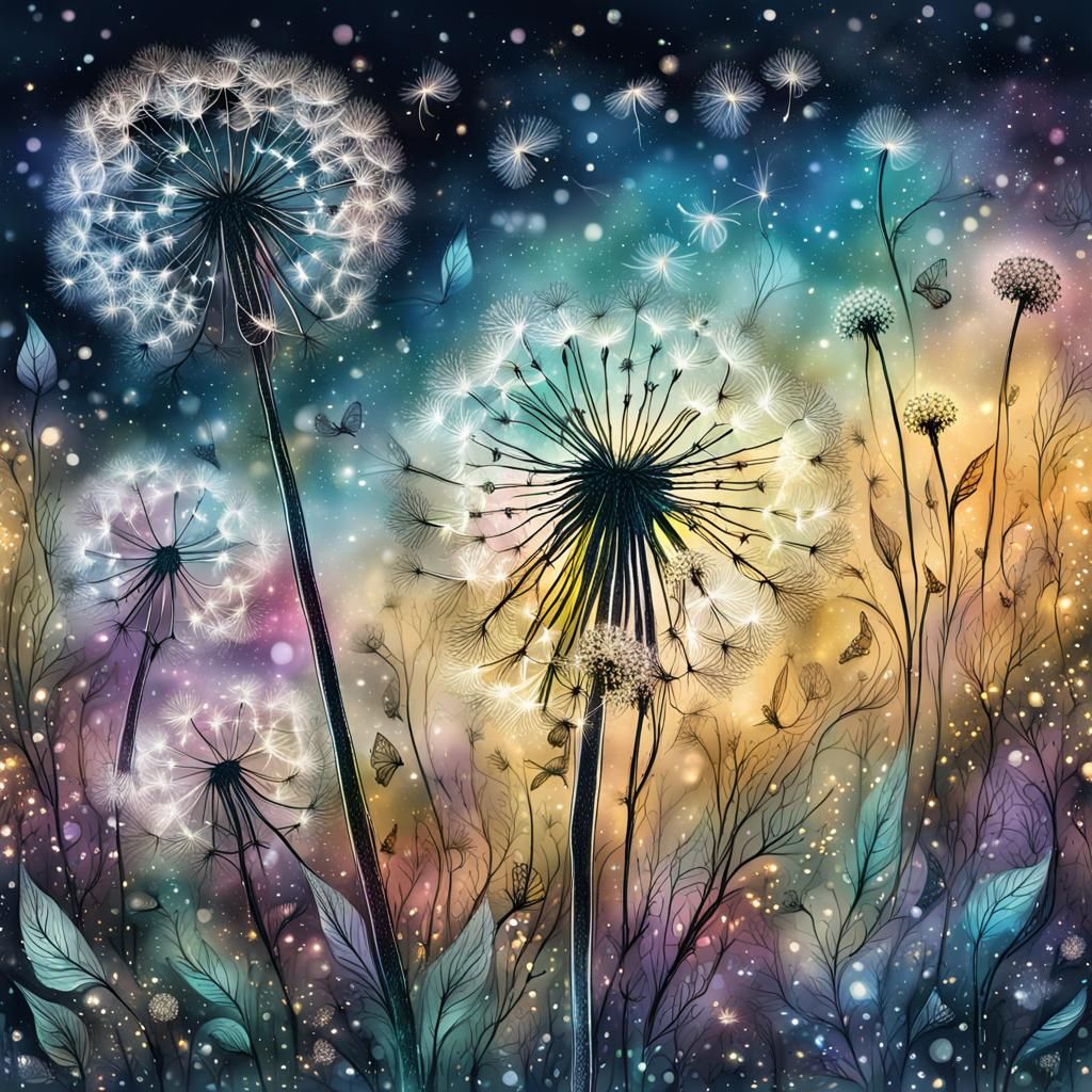 Glowing Magical Dandelion in Botanical Ink Drawing