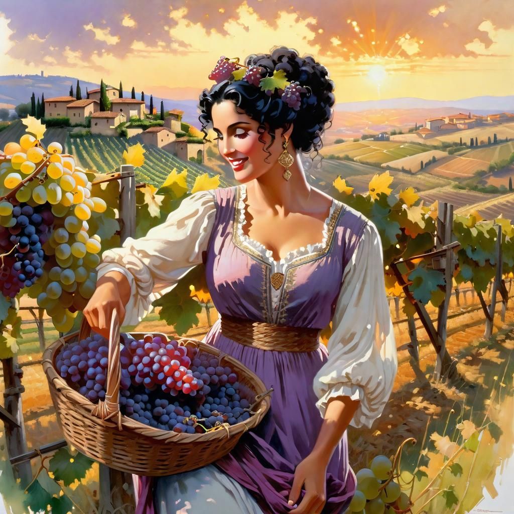 Goddess Harvesting Grapes in Tuscany, Splash Art Style