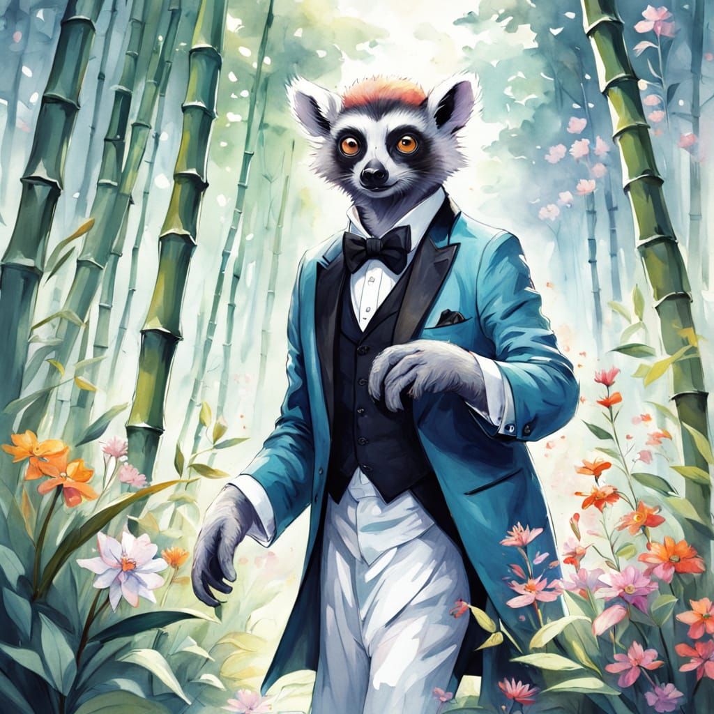 Lemur in Tuxedo: Watercolor Forest Fantasy
