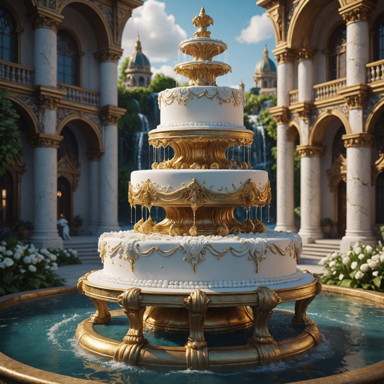 Elaborate Wedding Cake with Gold, Diamonds and Fountain