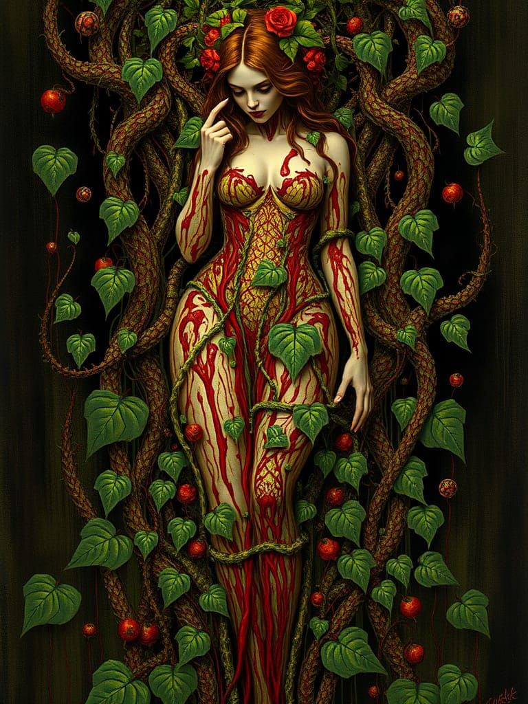 Poison Ivy in Klimt-Inspired Horrorcore Style