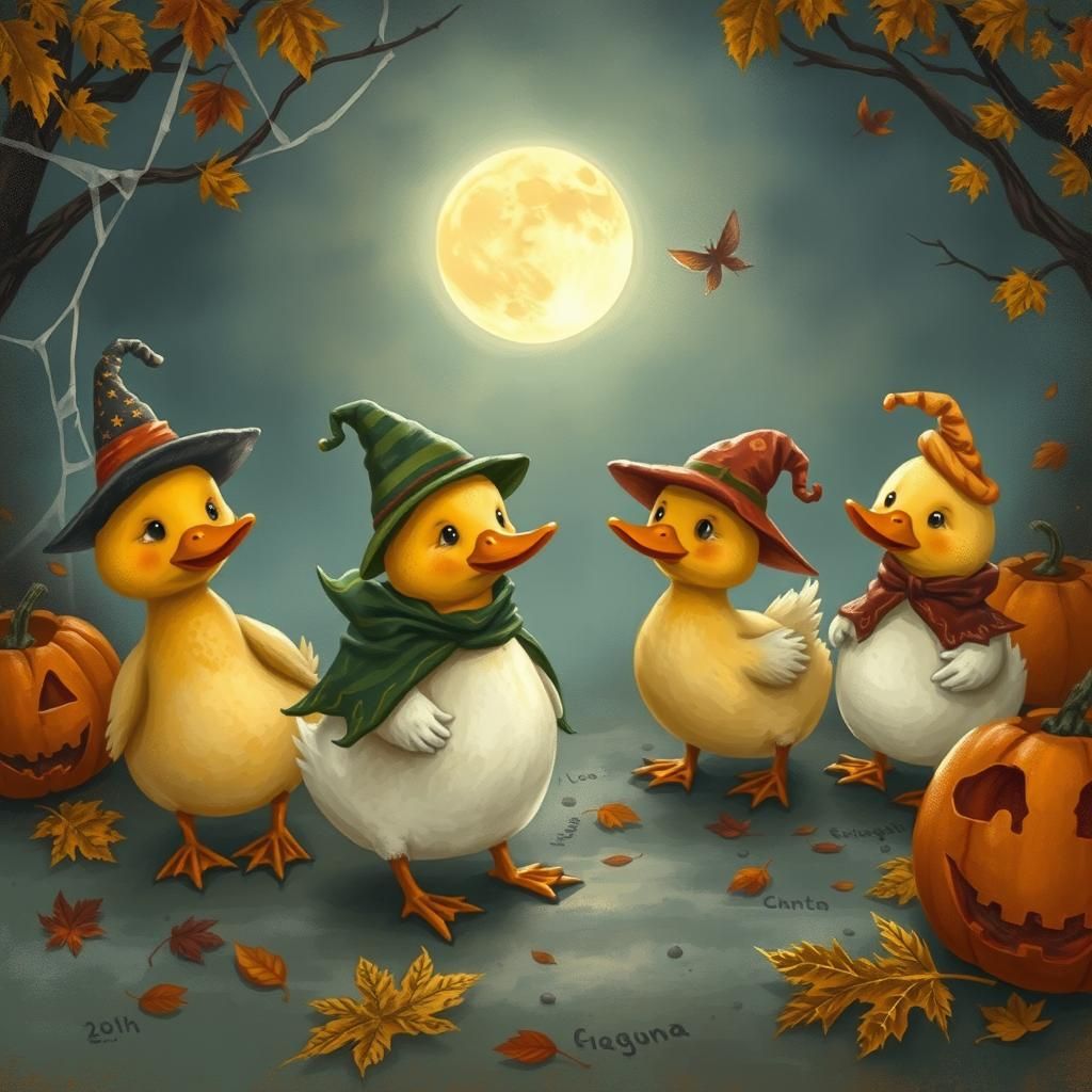 Halloween Ducks in Whimsical Illustration Style
