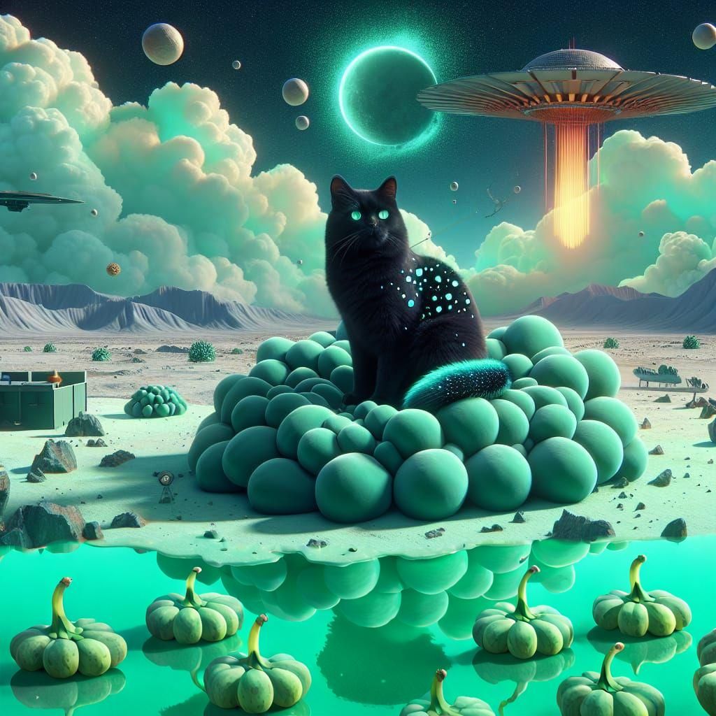 Surreal Cat on Bananas in Radioactive Moonscape