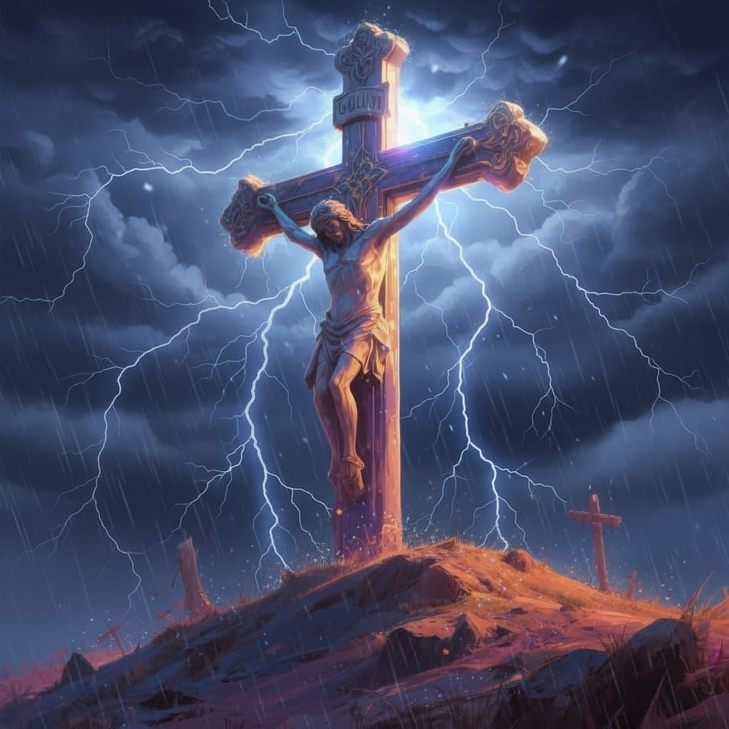 Radiant Crucifix on Golgotha Hill - Hyperrealistic Art