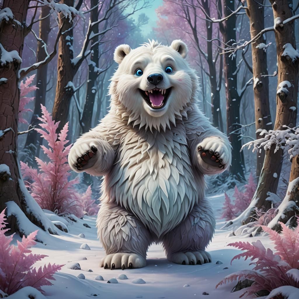 Cute Smiling Polar Bear Monster in Snowy Forest