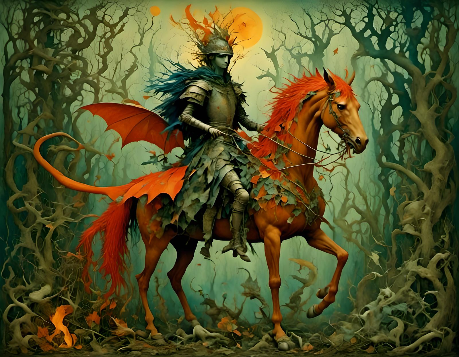 Knight Battles Dragon in Surreal Woodlands