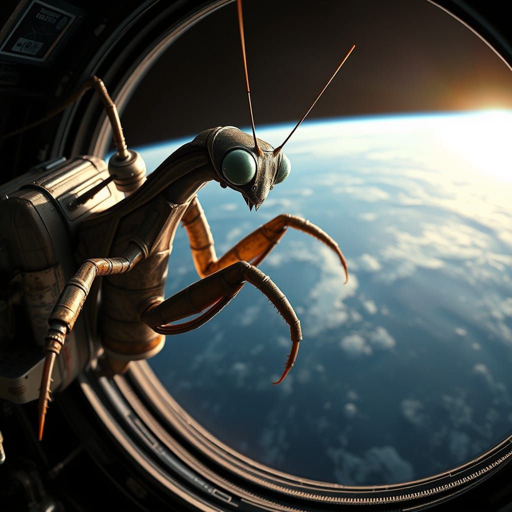 Alien Mantis in Space Armor Glares at Earth