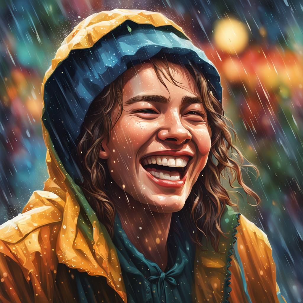 Laughing Woman in Rain: Hyperrealistic Splash Art