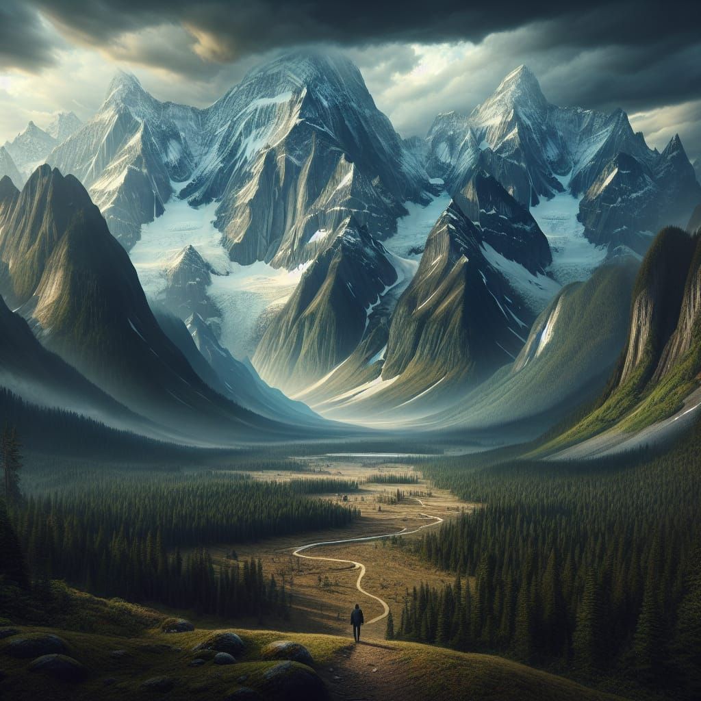 Colossal Mountains Dwarf Solitary Figure in Landscape
