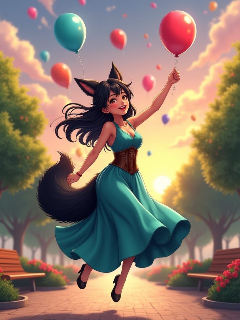 Fox-Eared Woman Reaching for Balloons in Anime Style