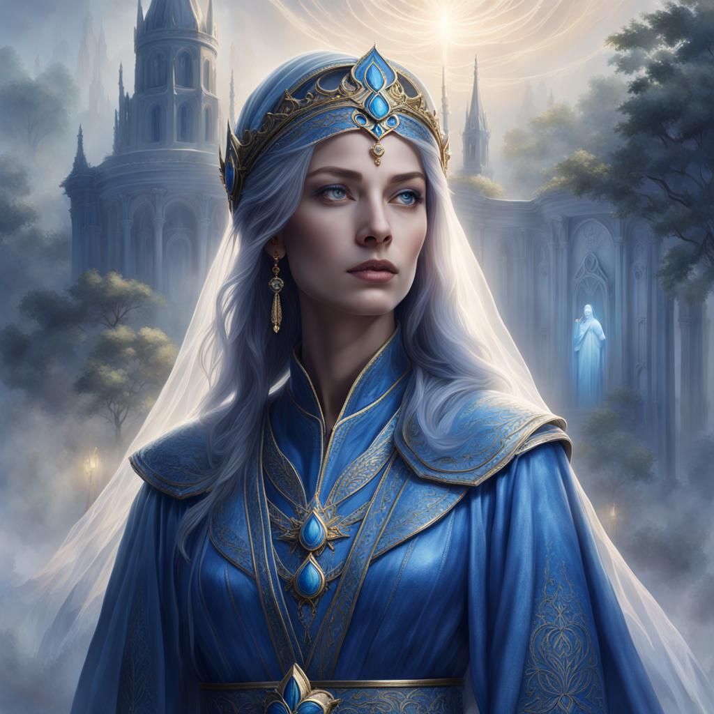 Priestess in Blue Robes: Anime-Style Portrait