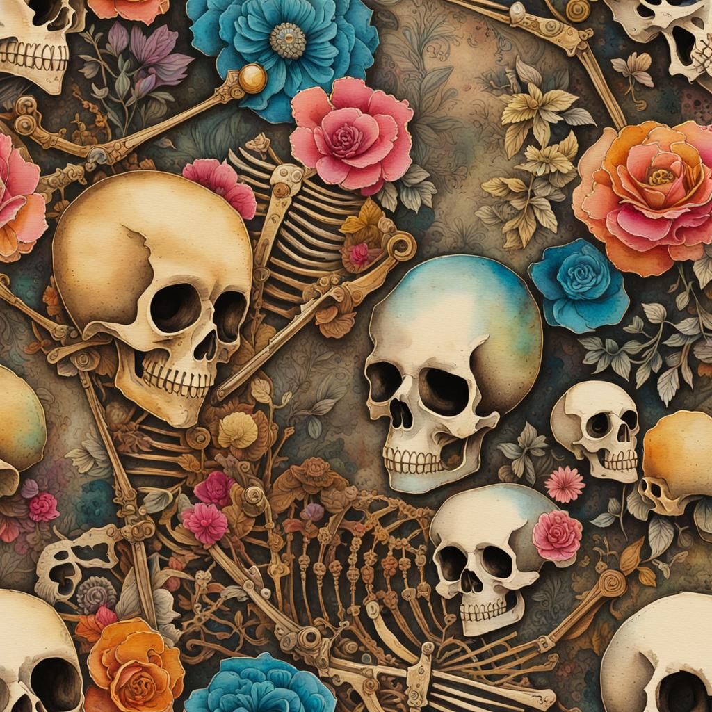 Colorful Skeleton in Cemetery with Vintage Aesthetic