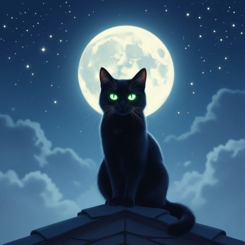 Moonlit Black Cat with Glowing Eyes on Rooftop