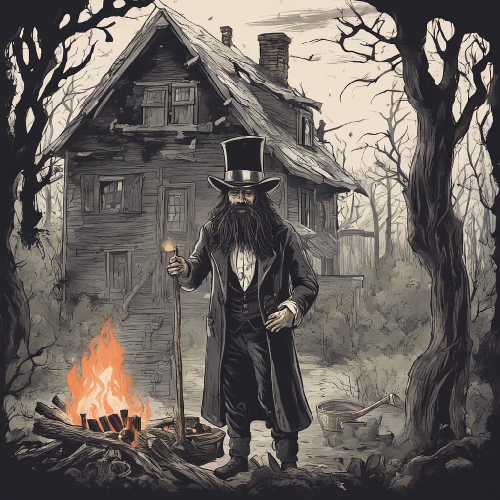 Witchy Farmer in Woods Making Fire