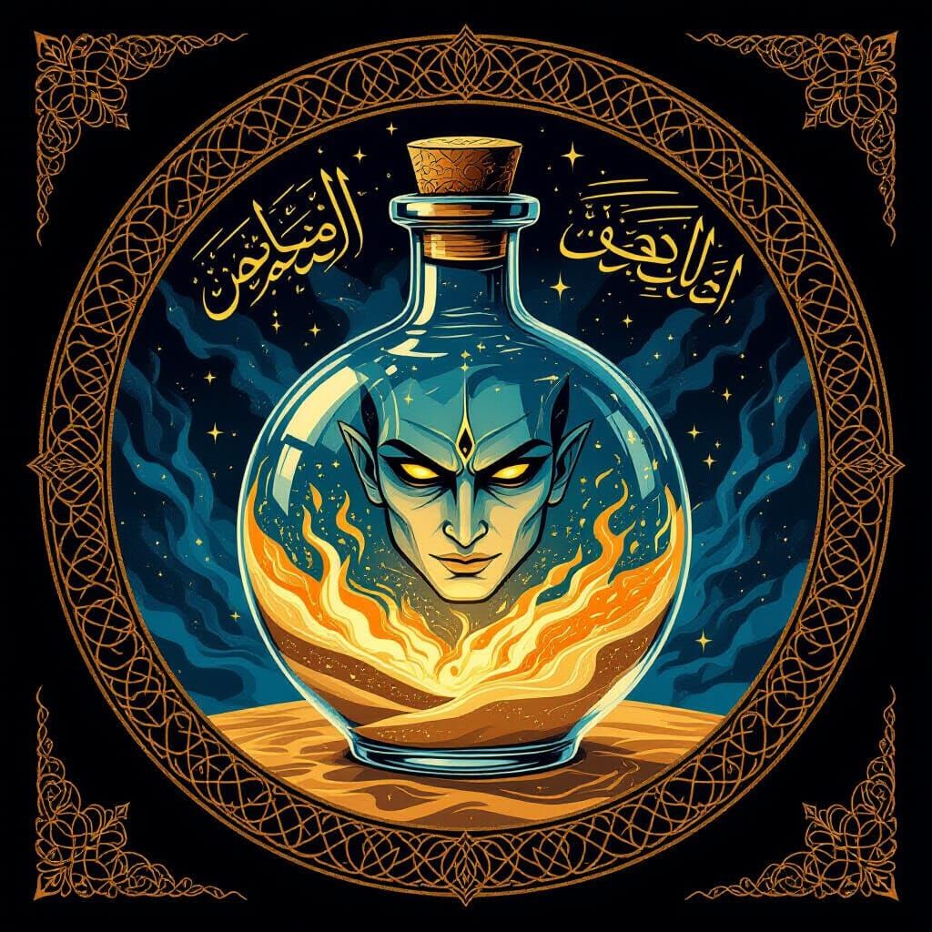 Djinn Trapped in Bottle: Symbolic Mandala Illustration