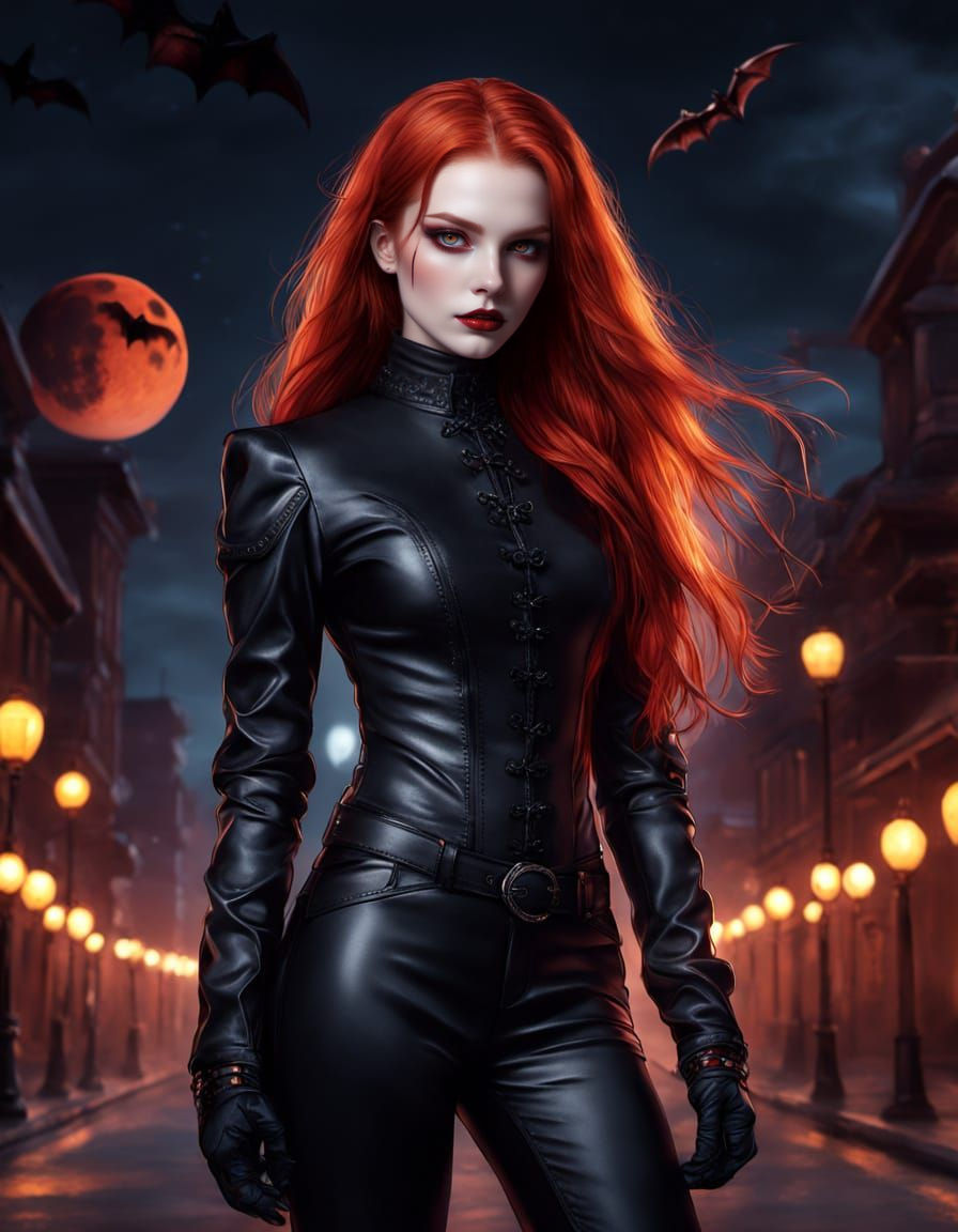 Redhead Vampire Lady in Neon Park: Digital Illustration