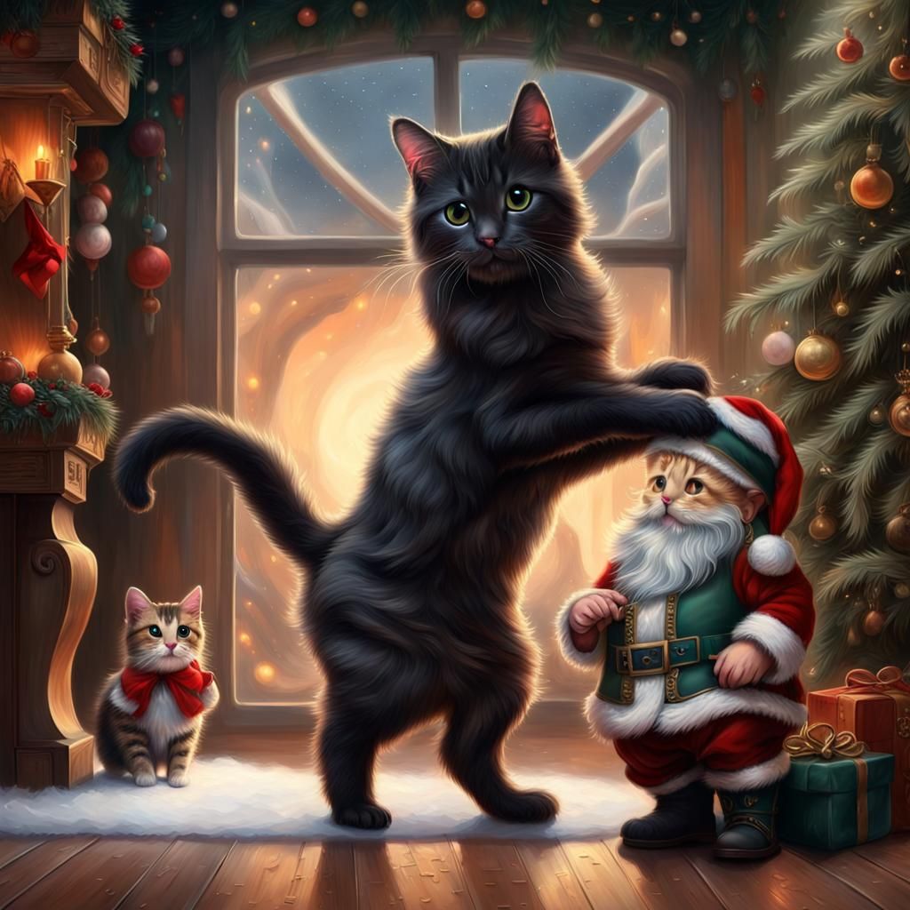Kitty Tango with Santa in Hyperrealistic Action Painting