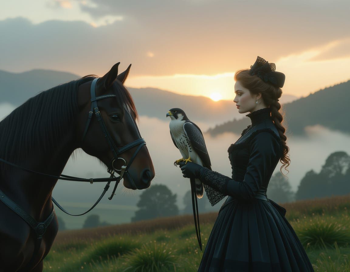 Victorian Goth Woman with Falcon in Misty Valley