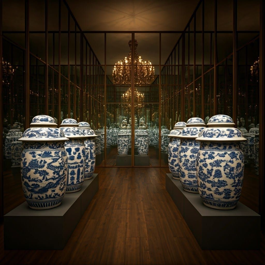 Chinese Porcelain Ming Vases in a Hyperrealistic, Luxuriant...