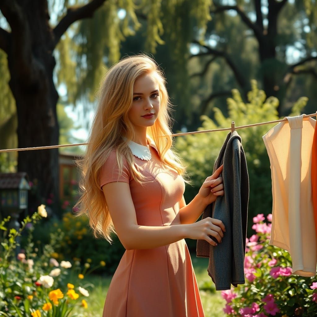 Young Man in Garden Hanging Clothes, Peter Pan Dress