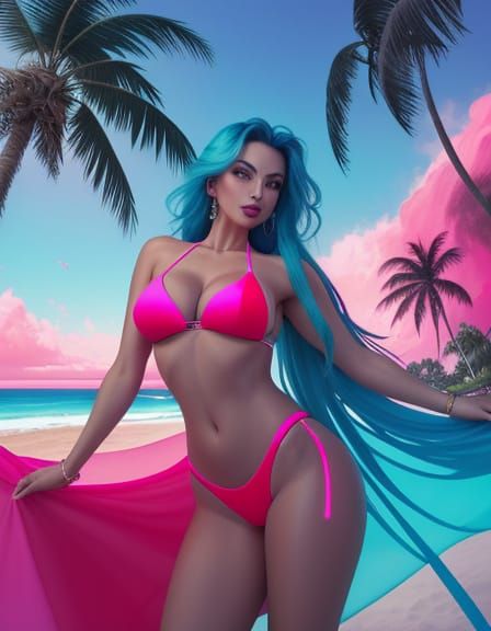 Ethereal Futuristic Goddess in Neon Bikini under Palm Tree