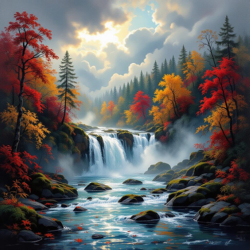 Majestic Autumn Waterfall in Moody Cinematic Style