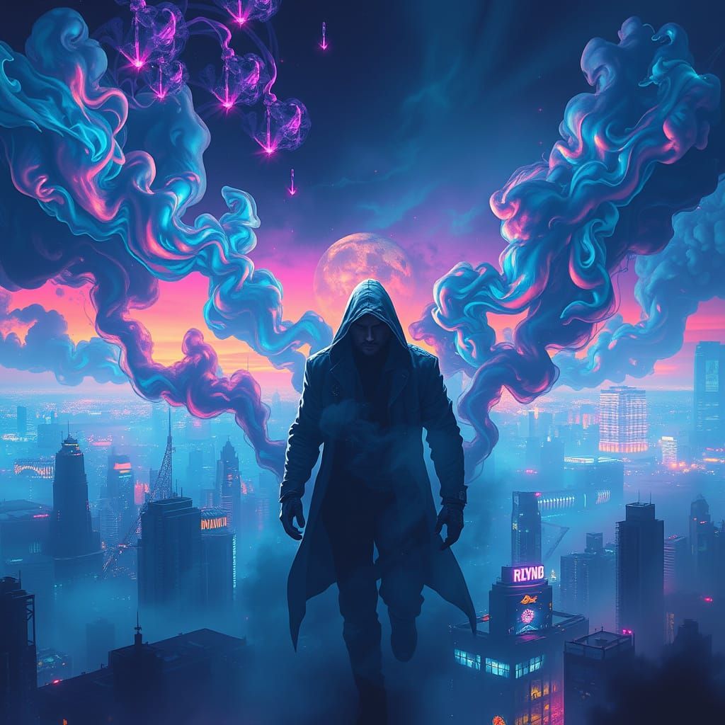 Ethereal Cityscape with Hooded Figure