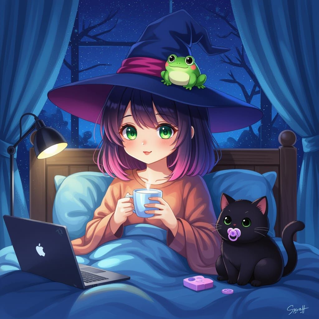 Anime Woman with Pink Hair and Witch Hat Holding Milk